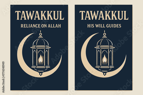 Reliance on Allah Banners. Tawakkul. Two vertical A6 banners with safe margins, centered composition, no elements touching edges, bold, navy and beige, lantern