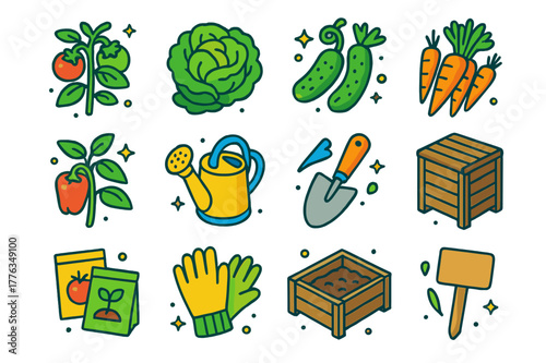 Garden Essentials Icons. Vegetable garden essentials. Colorful isometric vector icons set of Vegetable garden essentials: tomato plant, lettuce head, cucumber