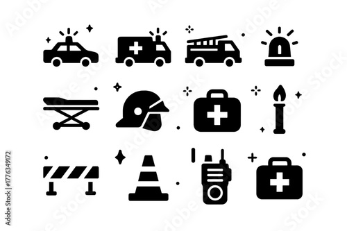 Emergency Icon Set. Emergency response on street. Solid icons set of Emergency response on street: police car, ambulance, fire engine, siren light, stretcher,