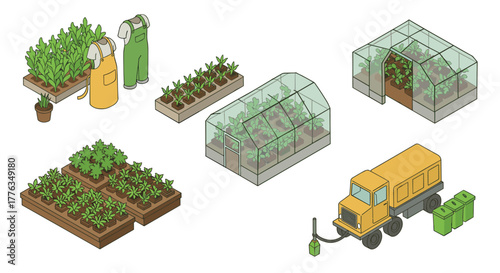 Isometric urban farming elements with greenhouses and equipment for sustainable agriculture