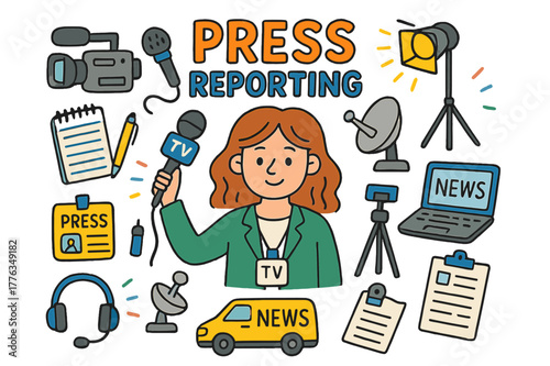 Colorful Press Doodle. press reporting. Colorful Hand-drawn doodle Children illustration press reporting reporter, camera, microphone, tripod, notebook, press