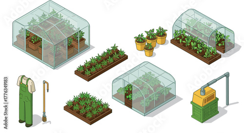Isometric greenhouse gardening scene with plants and tools