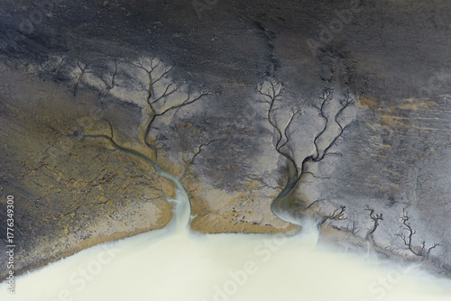 Aerial view of glacial rivers carving intricate patterns into the volcanic landscape, like veins on the earth's surface, South Coast, Iceland.