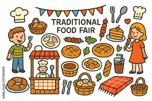 Colorful Food Fair Fun. Traditional food fair. Colorful Hand-drawn doodle Children illustration Traditional food fair food stalls, plates, dumplings, skewers,