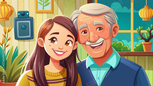 Very beautiful portrait of a teenage girl posing happily next to her grandfather, capturing a warm family moment with smiles and natural interaction in a bright, friendly setting.