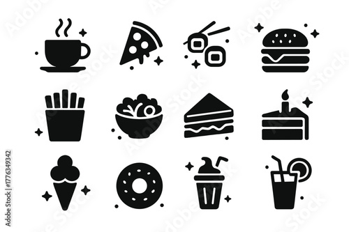 Food Icons Collection. Food and Beverage. Solid icons set of food and beverage: coffee, pizza, sushi, burger, fries, salad, sandwich, cake, ice cream, donut,
