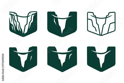 Canyon Highlining Logos. Highlining. Set Logo of Highlining: webbing span over canyon. harmonious logo variations of the same emblematic concept, each with
