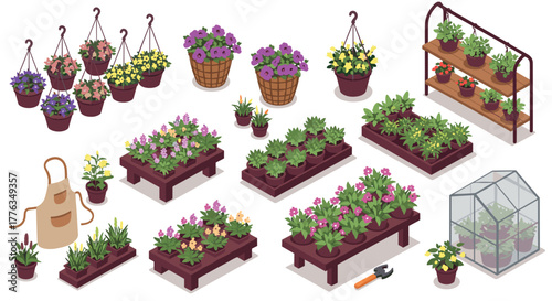 Isometric garden elements collection with flowers and plants in pots and planters