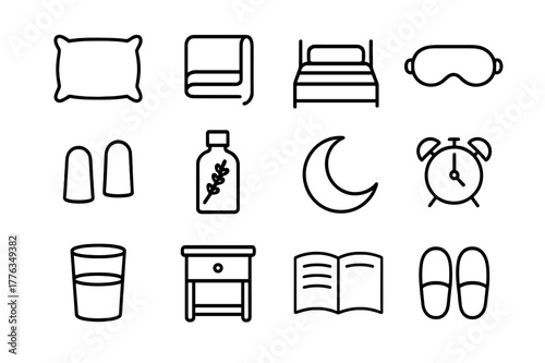 Sleep Essentials Icons. Sleep Essentials. Line icon set of Sleep Essentials: pillow, blanket, bed, sleep mask, earplugs, lavender bottle, moon, alarm clock,