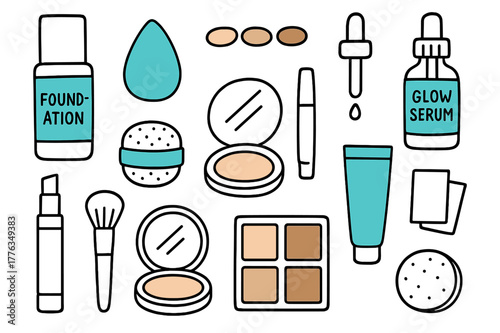 Makeup Essentials Doodle Icons. Foundation and skin tone. Hand-drawn doodle illustration foundation and skin tone foundation bottle (accented), sponge blender