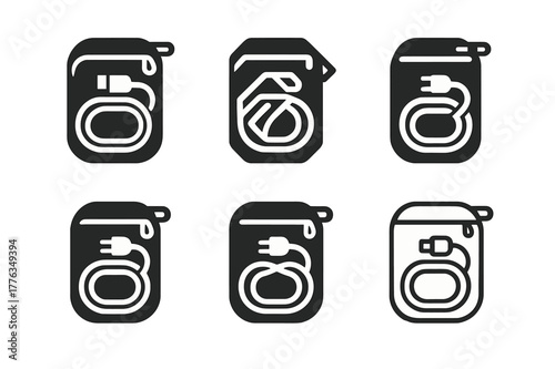 Travel Cable Logos. Travel cable kit. Set Logo of Travel cable kit: zip pouch with neatly wound leads. harmonious logo variations of the same emblematic