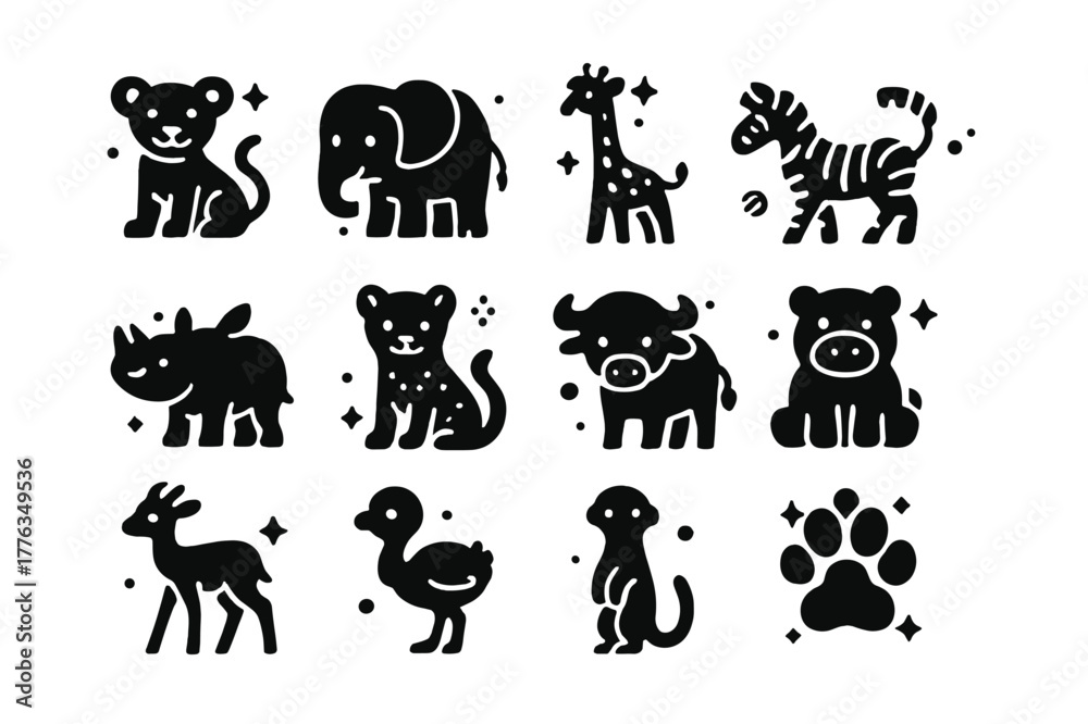 Obraz premium Young Savanna Icons. Young Animals of the Savanna. Solid icons set of Young Animals of the Savanna: lion cub, baby elephant, giraffe calf, zebra foal, rhino