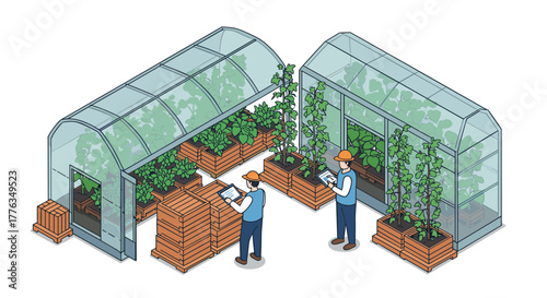 Modern agricultural technology in isometric greenhouses with digital monitoring