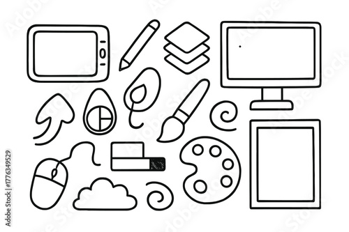 Digital Art Tools. Digital painting. Hand-drawn doodle illustration digital painting tablet, stylus, monitor, layers icon, color picker, brush icon, undo