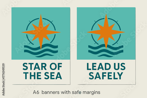 Star of the Sea. Star of the Sea. Two vertical A6 banners with safe margins, centered composition, no elements touching edges, modern, turquoise and orange,