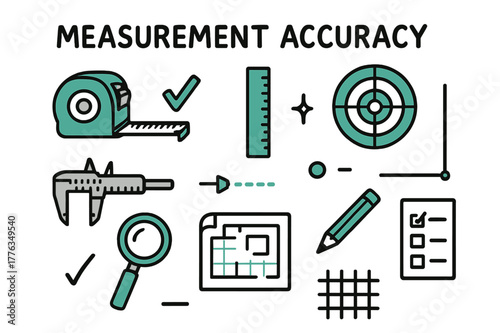 Measurement Accuracy Doodle. // Measurement accuracy. Hand-drawn doodle illustration Measurement accuracy [tape measure (accented), ruler (accented), target
