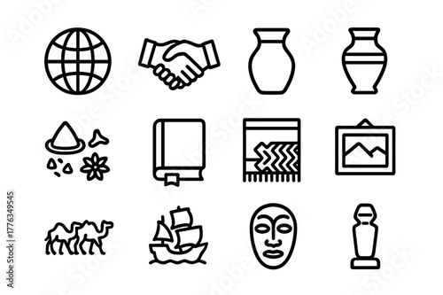 Cultural Exchange Icons. Cultural exchange through trade. Line icon set of cultural exchange: globe, handshake, scroll, pottery, spices, book, textile,