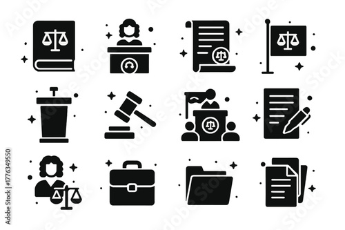 Civil Law Icon Set. Courtrooms in civil law systems. Solid icons set of courtrooms in civil law systems: civil code book, judge?s desk, legal statute scroll,
