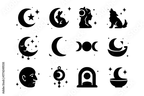Moon Myth Icons. Moon myths and symbols. Solid icons set of Moon myths and symbols: crescent with star, rabbit in the moon, moon goddess silhouette, werewolf