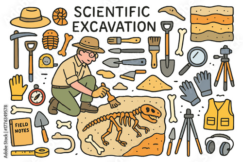 Dinosaur Dig Doodle. Scientific excavation. Hand-drawn doodle illustration paleontologist (colored), dinosaur skeleton (colored), fossils (colored), excavation
