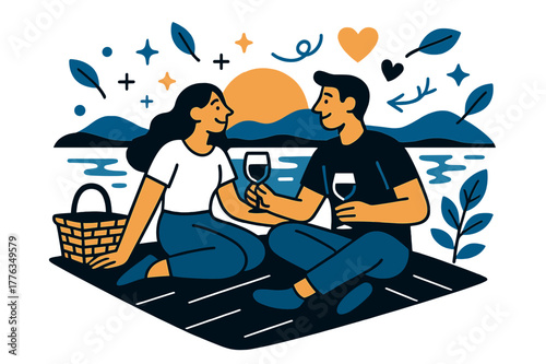 Romantic Lakeside Picnic. A couple having a picnic by the lake, relaxing and enjoying the outdoors. Pair enjoying sunset by the lake with picnic basket and