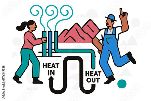 Geothermal Plant Artistry. Geothermal Plant Loop. Steam plumes rise in tidy curls; cutaway pipes dive down and return with a ?Heat In / Heat Out? label.