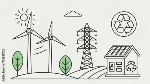 Illustration showcasing wind turbines, solar panels, and recycling symbols, representing renewable energy sources and environmental sustainability