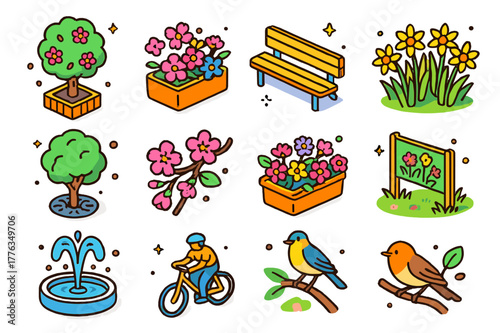 Urban Spring Icon Set. Urban spring blooms. Colorful isometric vector icons set of Urban spring blooms: tree planter box, balcony flower pot, city park bench,