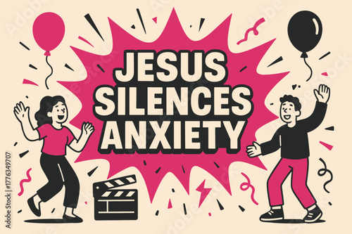 Overcoming Anxiety Celebration. Jesus Silences Anxiety banner, flat vector illustration, bold oversized text inside splash explosion, cartoon characters