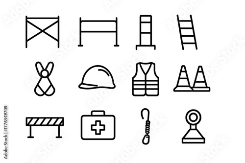 Scaffolding Safety Icons. Scaffolding and Safety. Line icon set of Scaffolding and Safety: scaffold frame, guardrail, toe board, access ladder, safety harness,