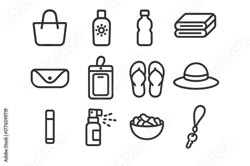 Poolside Essentials Icons. Poolside Essentials. Line icon set of Poolside Essentials: tote bag, sunscreen, water bottle, beach towel, sunglasses case, phone in