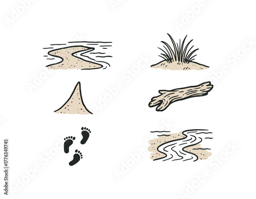 hand drawn cute doodle style line isolated on white background: tidal sandbar narrow ridge dune grass driftwood footprints water channel