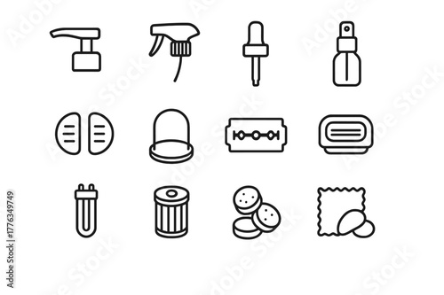 Hygiene Refills Icon Set. Hygiene refills and accessories. Line icon set of hygiene refills and accessories: pump head, spray nozzle, glass dropper, fine mist
