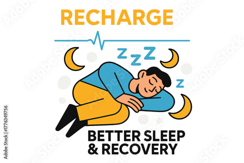 Recharge and Rest. Better Sleep & Recovery. A calm figure rests as floating moon icons and gentle Z-shapes overlap. ?Recharge? glows softly above a heartbeat