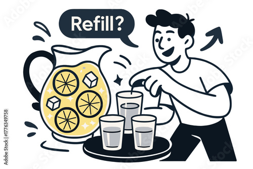 Vibrant Lemonade Mood. Icy lemonade pitcher. Lemon wheels float like suns in a glass pitcher; crackling cubes ping with tiny stars. ?Refill?? curls over a tray