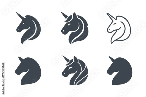 Fairy-Tale Icons. fairy-tale creatures. Set Logo of fairy-tale creatures: Unicorn head profile. Icon set. harmonious logo variations of the same emblematic