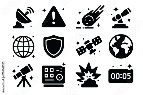 Planetary Defense Icons. Planetary defense and meteors. Solid icons set of Planetary defense and meteors: radar dish, warning alert, asteroid path, laser