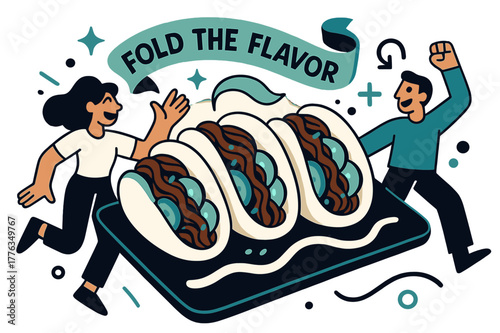 Dynamic Shawarma Bao Scene. Shawarma bao buns. Pillowy bao cradle spiced slices as pickles pop; ?Fold the flavor? ribbon curls. A sauce drizzle draws a smooth