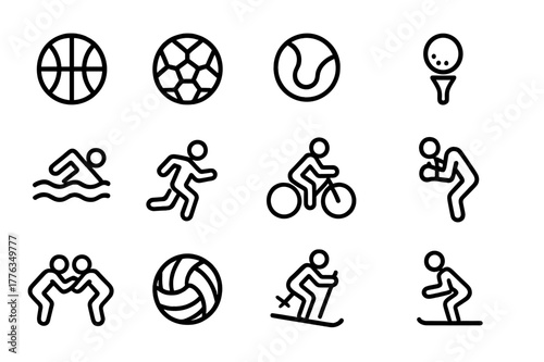 Sport Icon Set. Sport. Line icon set of Sport: basketball, soccer, tennis, golf, swimming, running, cycling, boxing, wrestling, volleyball, ski, skateboard.