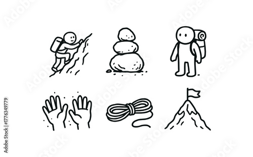 hand drawn cute doodle style line isolated on white background: ridge scrambling boulder stack backpack figure chalk hands rope line summit