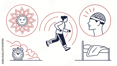Daily routine concept with woman running, sun, brain, alarm clock, and bed healthy lifestyle and time management illustration