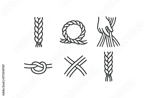 hand drawn cute doodle style line isolated on white background: rope braiding twisted cords weaving hand knot tie strand overlap finished braid