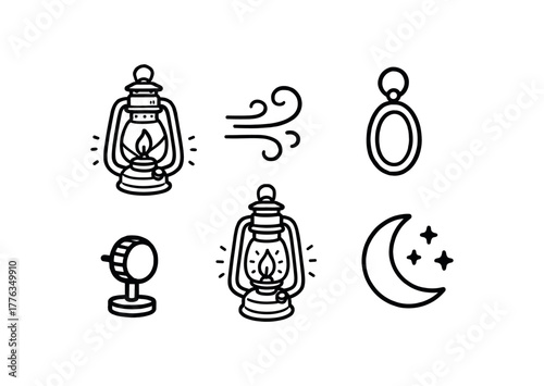 hand drawn cute doodle style line isolated on white background: lantern lamp wind guard hanging loop wick knob glow lines night icon