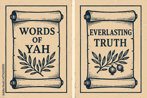 Ancient Scroll Art. Ancient Scrolls. Two vertical A6 banners with safe margins, centered composition, no elements touching edges, retro, indigo and sepia, open