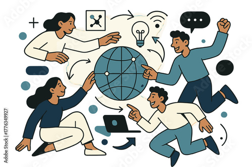 Digital Connectivity Dynamics. Digital world. Connecting minds, global network, innovative solutions. Modern flat vector scene with expressive, stylized