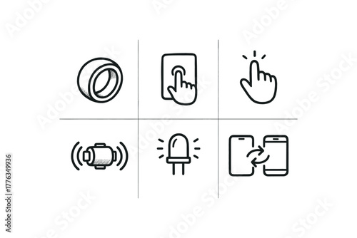 hand drawn cute doodle style line isolated on white background: smart ring touch surface gesture icon haptic buzz led phone