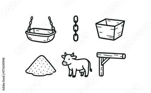 hand drawn cute doodle style line isolated on white background: hanging trough metal chain feed box grain pile livestock icon stable beam