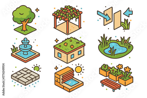 Green Urban Icons. Green architecture in urban spaces without technology. Colorful isometric vector icons set of Green architecture in urban spaces without