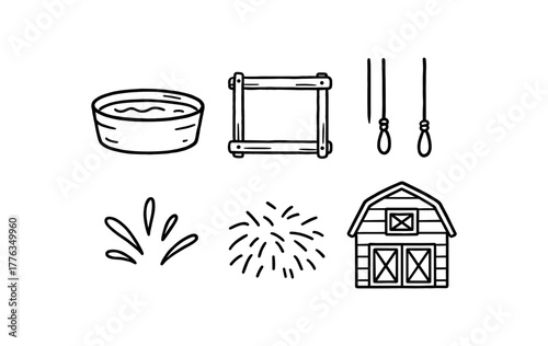 hand drawn cute doodle style line isolated on white background: water trough wooden frame suspended ropes splash lines hay bits barn