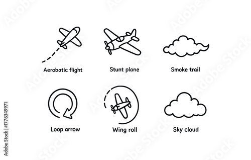 hand drawn cute doodle style line isolated on white background: aerobatic flight stunt plane smoke trail loop arrow wing roll sky cloud